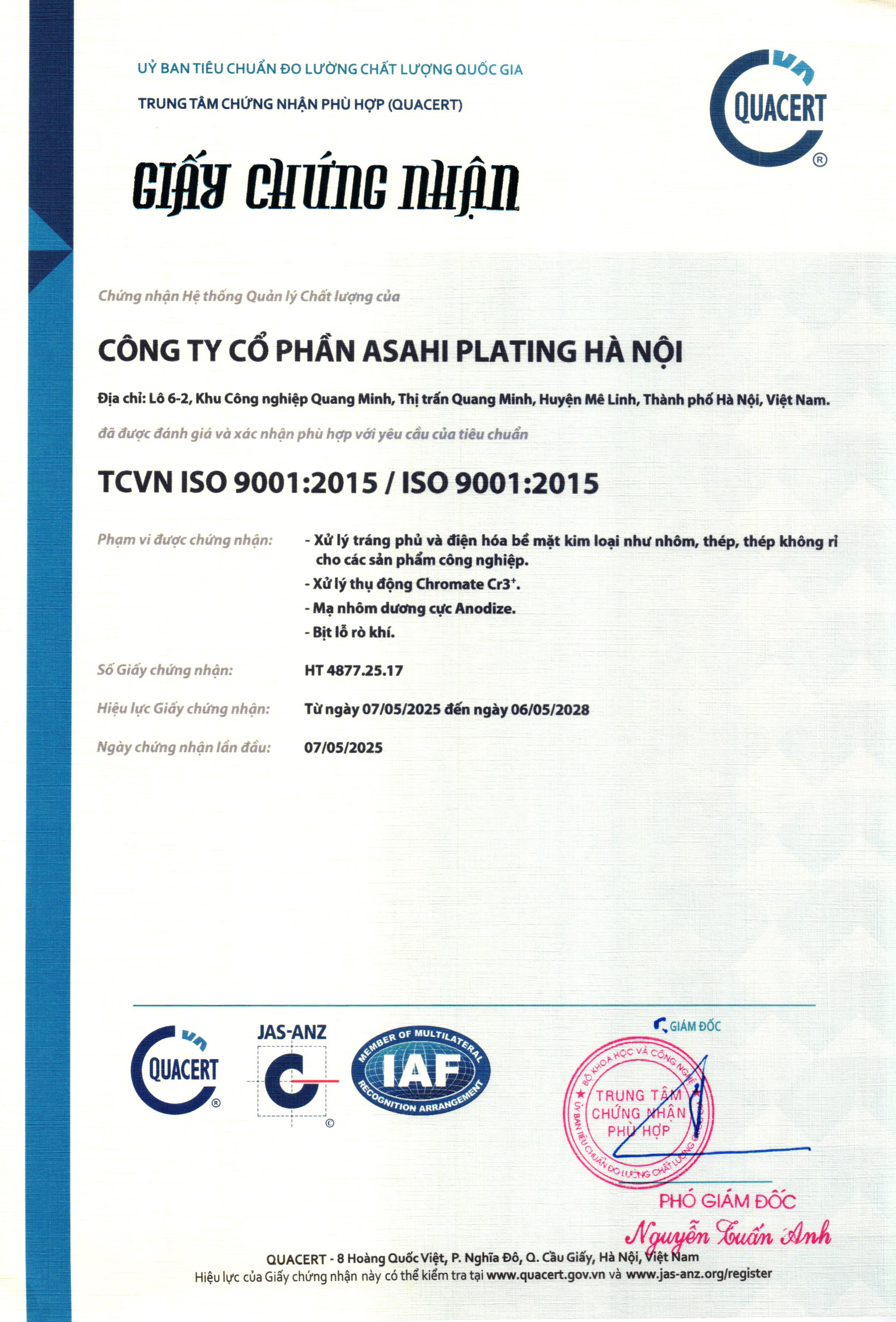 CÔNG TY CỔ PHẦN ASAHI PLATING HÀ NỘI